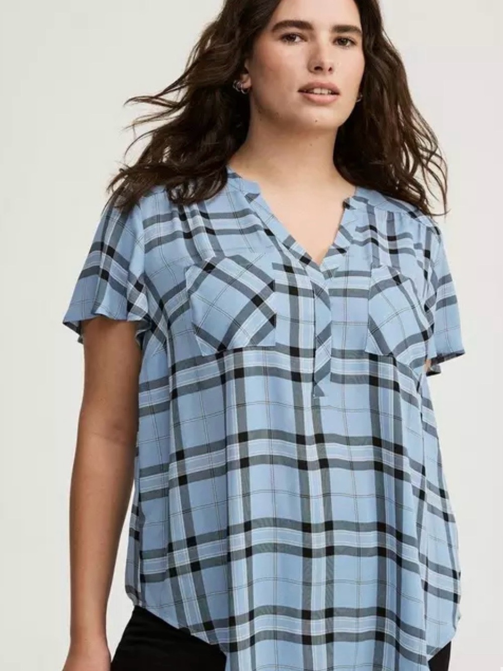 torrid Light Blue Plaid V-Neck Short Sleeve Tunic